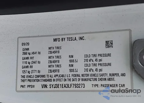 2020 Tesla Model 3 Standard Range Plus Rear-Wheel Drive/Standard Range Rear-Wheel Drive из США, поврежденный, VIN 5YJ3E1EA3LF793273